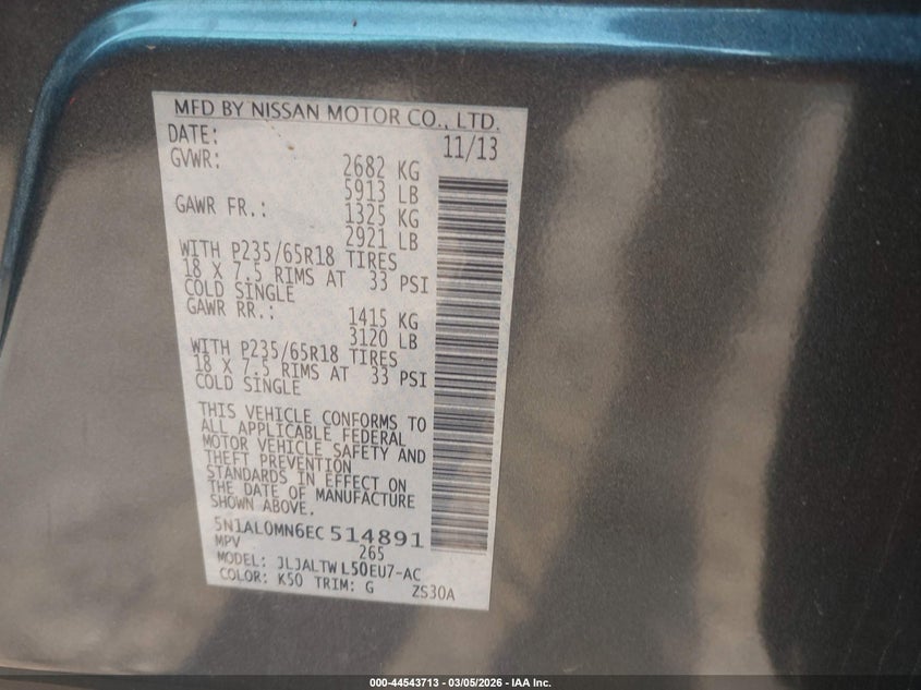 2014 Infiniti Qx60 VIN: 5N1AL0MN6EC514891 Lot: 44543713