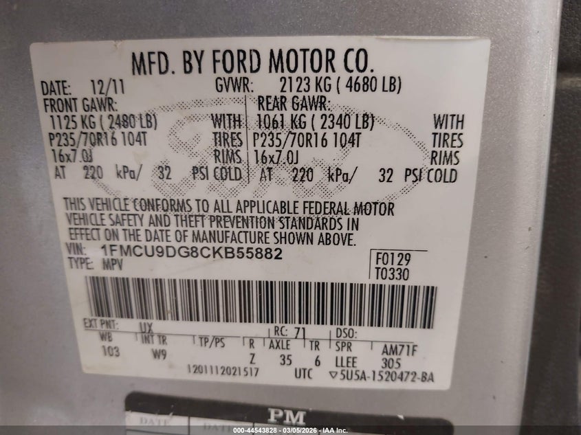 2012 Ford Escape 3.0 Xlt silver Lot 111044543828 Vin 1FMCU9DG8CKB55882