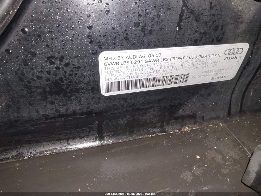 2007 Audi A6 3.2 VIN: WAUDH74F97N160132 Lot: 44543905