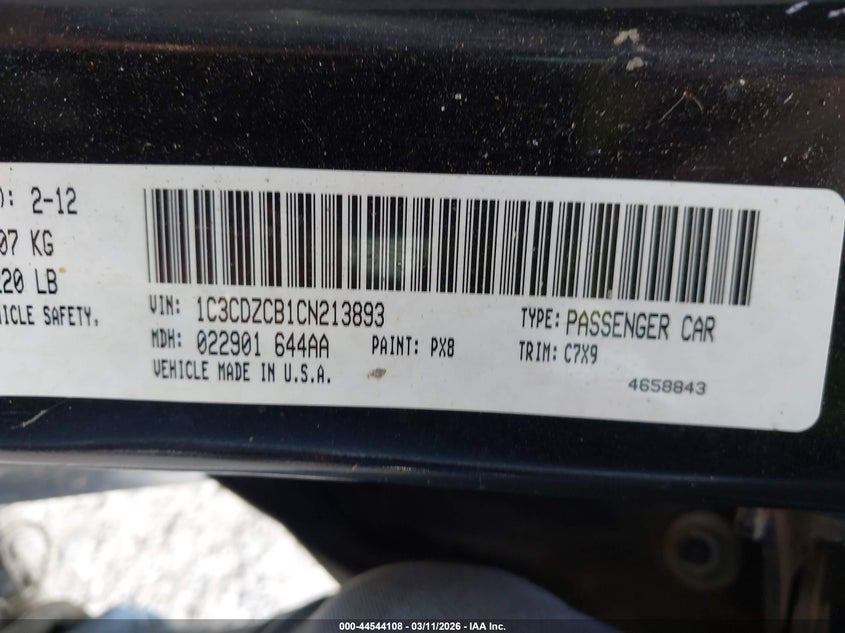 1C3CDZCB1CN213893 2012 Dodge Avenger 2.4 Sxt black