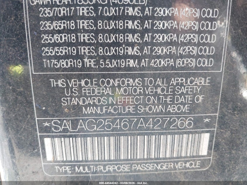 2007 Land Rover Lr3 V8 Hse VIN: SALAG25467A427266 Lot: 44544242