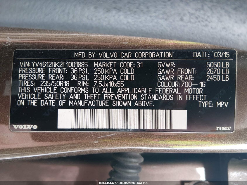 2015 Volvo V60 Cross Country T5 VIN: YV4612HK2F1001885 Lot: 44544277