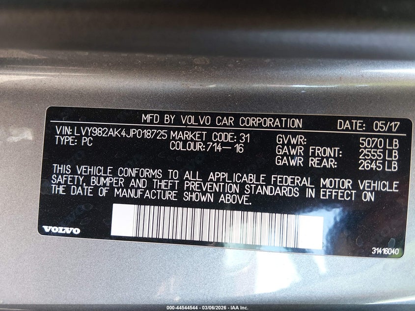 2018 Volvo S90 T5 Momentum VIN: LVY982AK4JP018725 Lot: 44544544