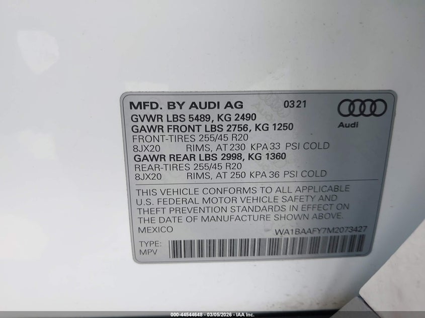 2021 AUDI Q5 VIN: WA1BAAFY7M2073427