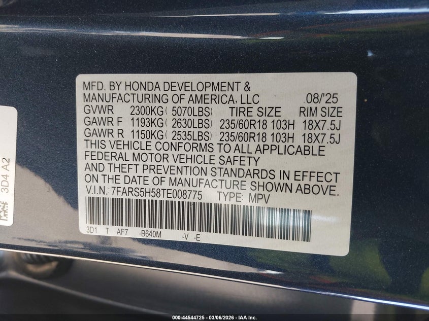 VIN 7FARS5H58TE008775 2026 HONDA CR-V HYBRID 2WD SPORT