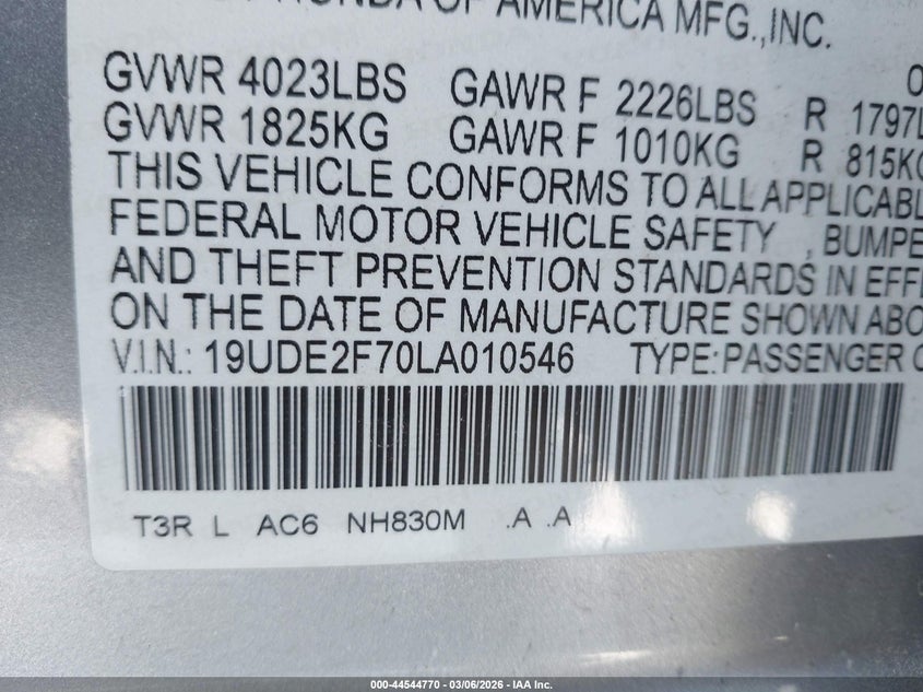 2020 Acura Ilx Premium Package/Technology Package VIN: 19UDE2F70LA010546 Lot: 44544770
