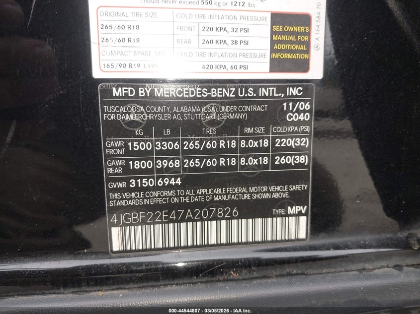 2007 Mercedes-Benz Gl 320 Cdi 4Matic VIN: 4JGBF22E47A207826 Lot: 44544807