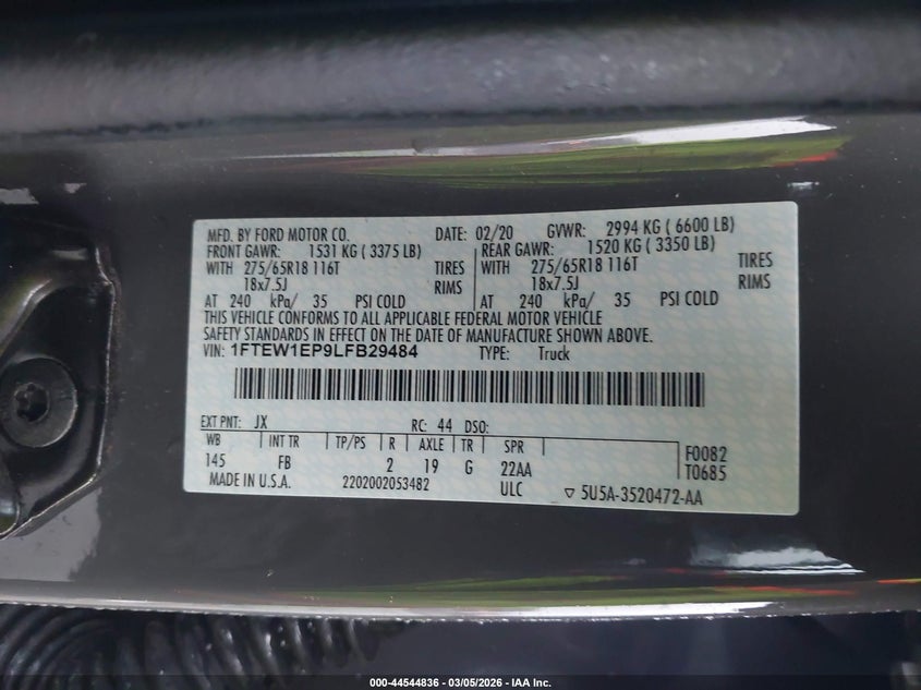 VIN 1FTEW1EP9LFB29484 2020 FORD F-150 XLT