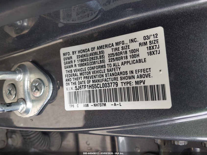 2012 Honda Crosstour Ex-L VIN: 5J6TF1H55CL003779 Lot: 44545012