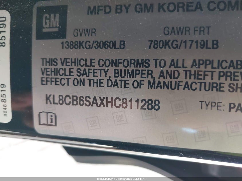 2017 Chevrolet Spark Ls Cvt VIN: KL8CB6SAXHC811288 Lot: 44545016