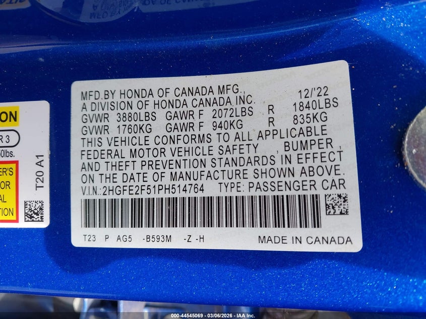 VIN 2HGFE2F51PH514764 2023 HONDA CIVIC SPORT