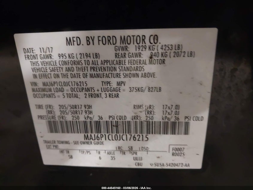 VIN MAJ6P1CL0JC176215 2018 FORD ECOSPORT SES