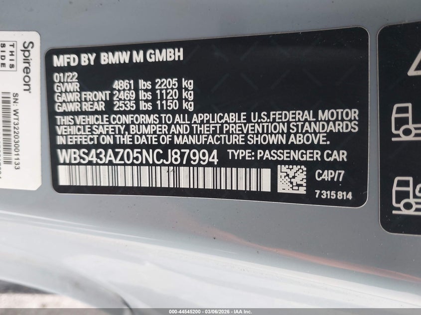 2022 BMW M4 Competition xDrive VIN: WBS43AZ05NCJ87994 Lot: 44545200