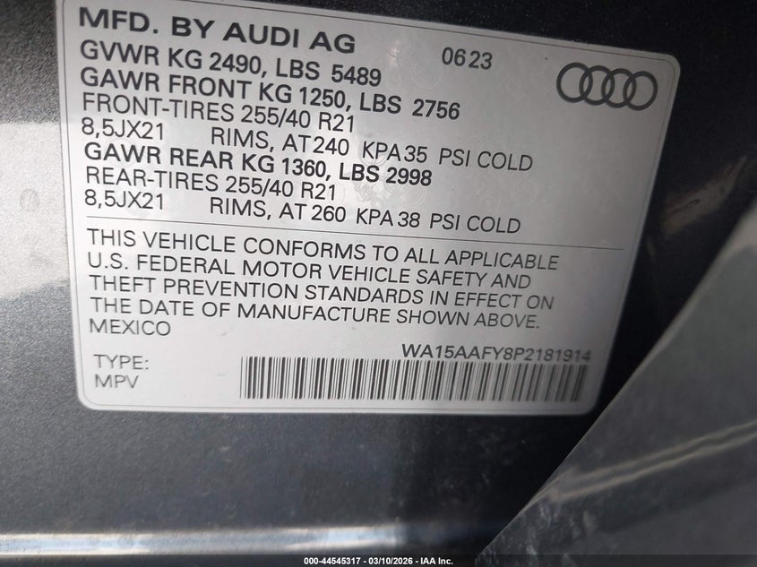 2023 Audi Q5 Sportback Premium Plus 45 Tfsi S Line Quattro S Tronic VIN: WA15AAFY8P2181914 Lot: 44545317