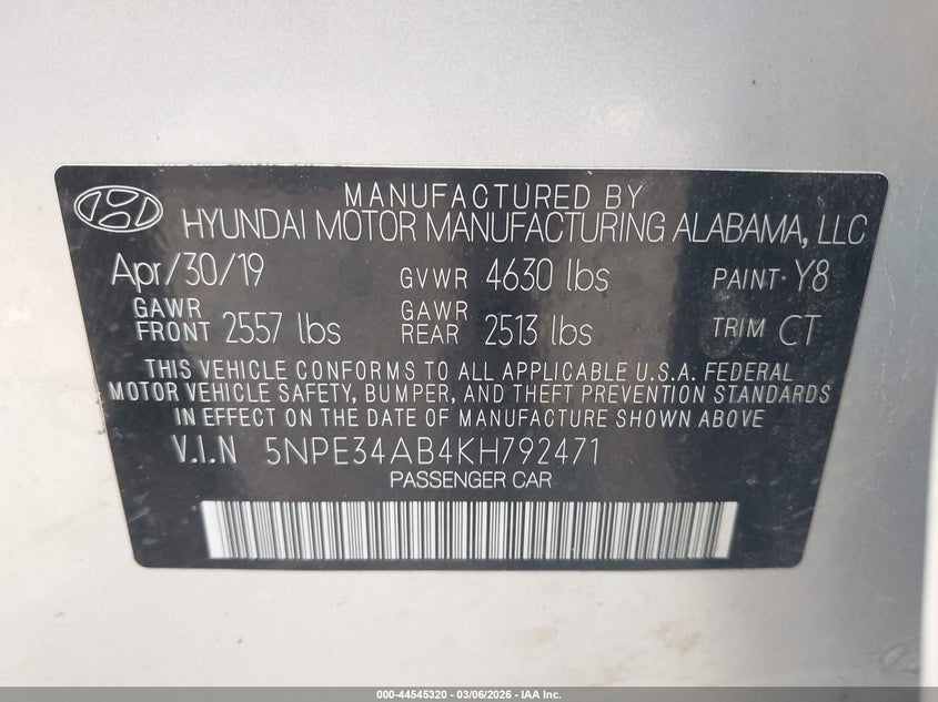 VIN 5NPE34AB4KH792471 2019 HYUNDAI SONATA LIMITED 2.0T