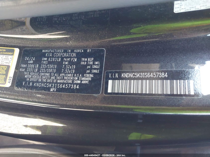 2025 Kia Carnival Mpv Ex VIN: KNDNC5K31S6457384 Lot: 44545427