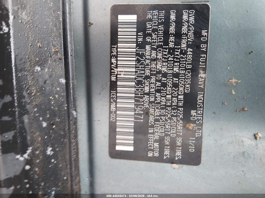 2011 Subaru Forester 2.5X Premium VIN: JF2SHADC3BH719471 Lot: 44545474