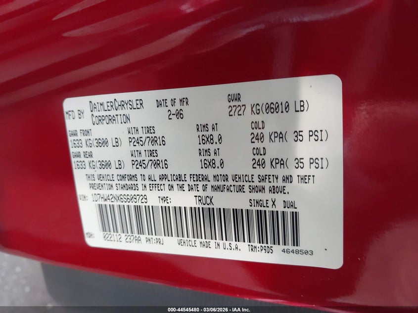 2006 Dodge Dakota Slt VIN: 1D7HW42NX6S609729 Lot: 44545480