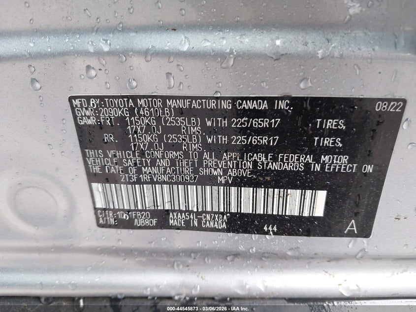 VIN 2T3F1RFV8NC300937 2022 TOYOTA RAV4 LE