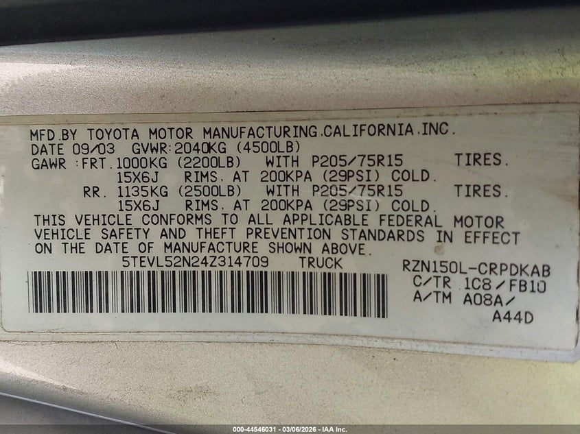 2004 Toyota Tacoma VIN: 5TEVL52N24Z314709 Lot: 44546031