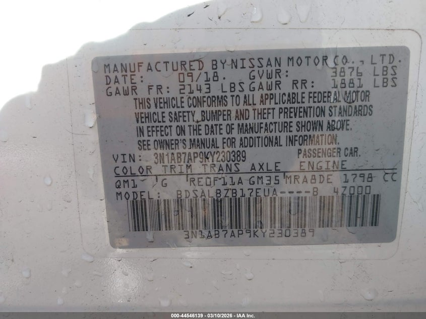 NISSAN SENTRA 2019 VIN 3N1AB7AP9KY230389