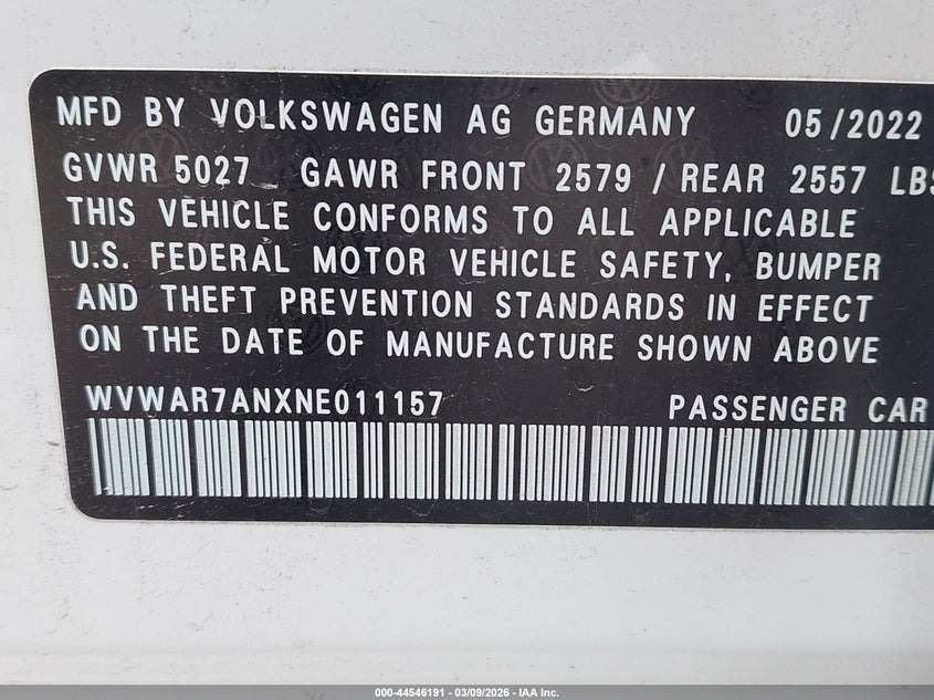 2022 Volkswagen Arteon 2.0T Sel R-Line VIN: WVWAR7ANXNE011157 Lot: 44546191