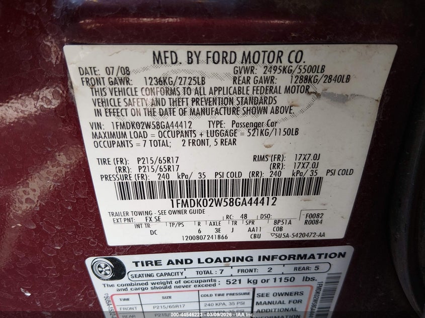 2008 Ford Taurus X Sel VIN: 1FMDK02W58GA44412 Lot: 44546223