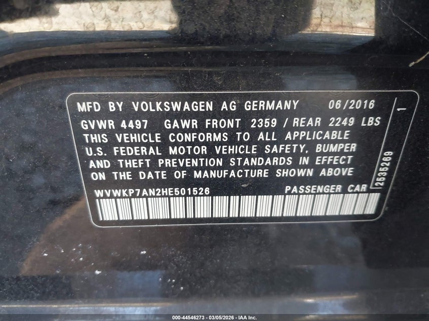 2017 Volkswagen Cc 2.0T Sport VIN: WVWKP7AN2HE501526 Lot: 44546273