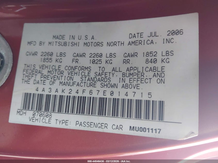 2007 Mitsubishi Eclipse Gs VIN: 4A3AK24F67E014715 Lot: 44546436