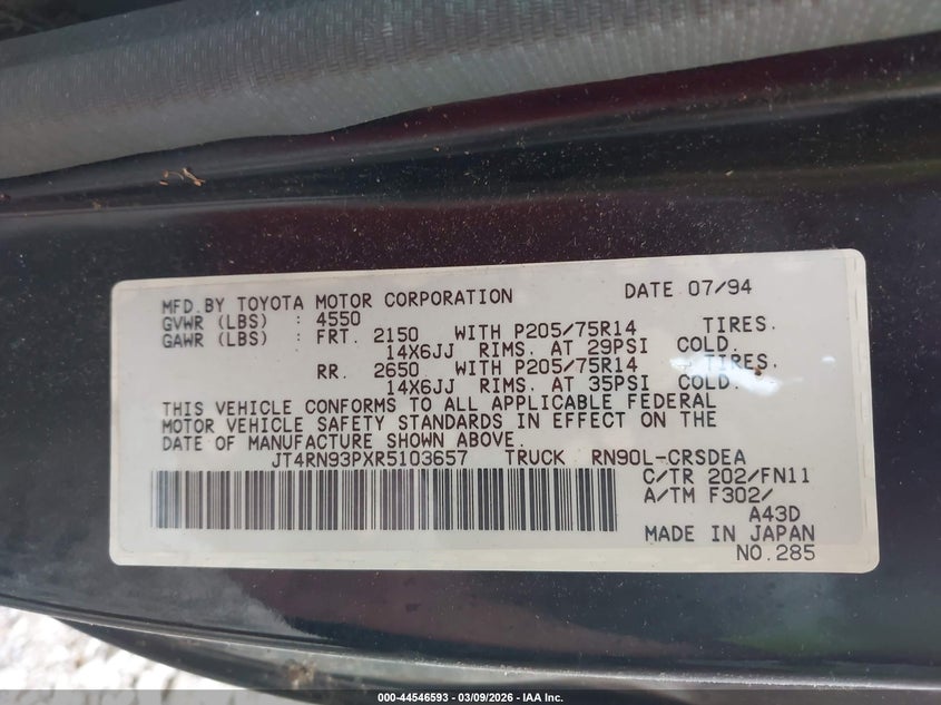 1994 Toyota Pickup 1/2 Ton Ex Lng Whlbase/Dx VIN: JT4RN93PXR5103657 Lot: 44546593