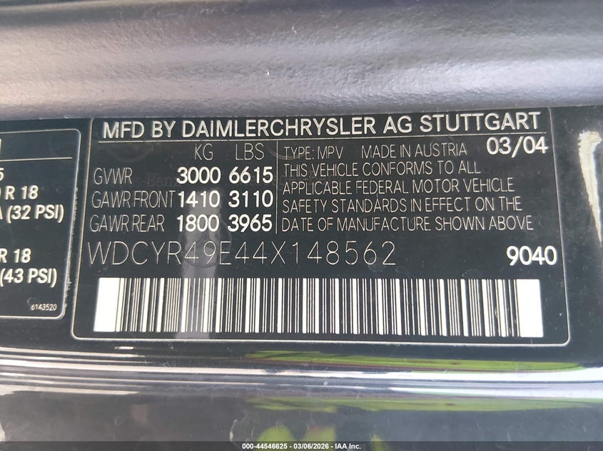 2004 Mercedes-Benz G 500 4Matic VIN: WDCYR49E44X148562 Lot: 44546625