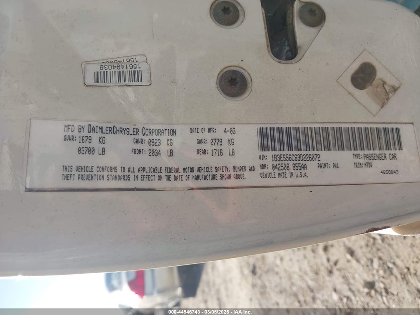 2003 Dodge Neon Sxt VIN: 1B3ES56C63D226072 Lot: 44546743