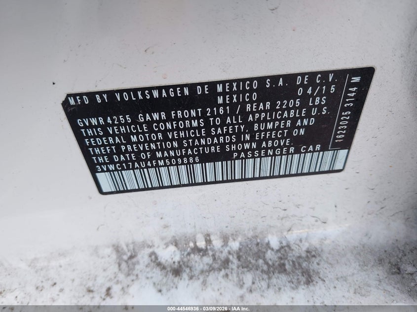 2015 Volkswagen Golf Sportwagen Tsi Se 4-Door VIN: 3VWC17AU4FM509886 Lot: 44546936