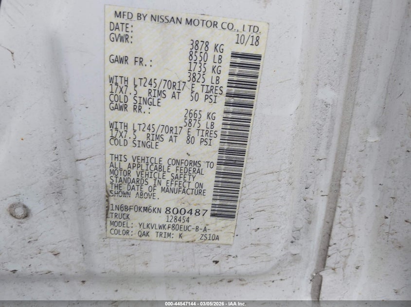 2019 Nissan Nv Cargo Nv1500 S V6 VIN: 1N6BF0KM6KN800487 Lot: 44547144