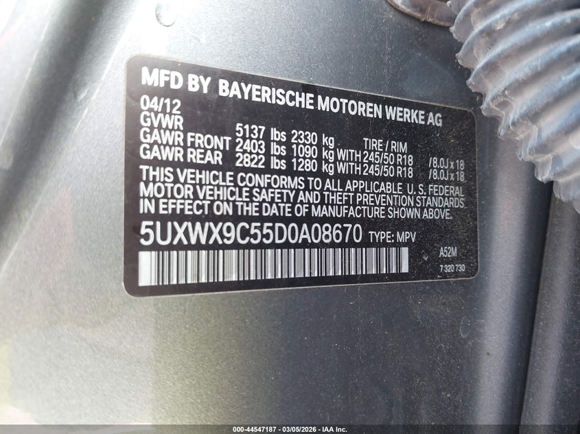 2013 BMW X3 xDrive28I VIN: 5UXWX9C55D0A08670 Lot: 44547187