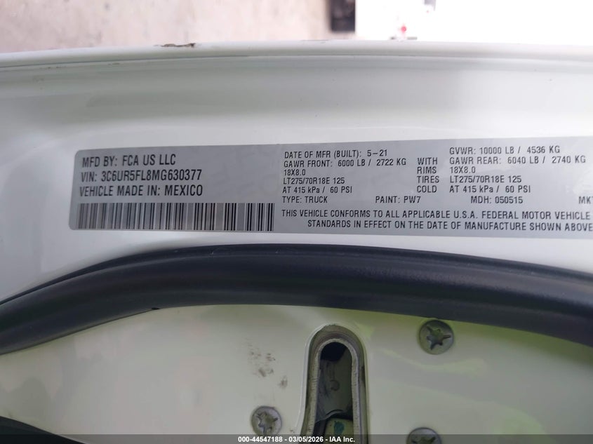 2021 Ram 2500 Laramie 4X4 6'4 Box VIN: 3C6UR5FL8MG630377 Lot: 44547188