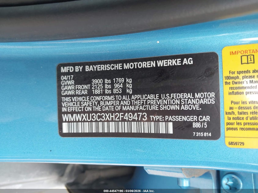 2017 Mini Hardtop Cooper S VIN: WMWXU3C3XH2F49473 Lot: 44547196