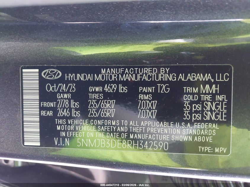 2024 Hyundai Tucson Sel VIN: 5NMJB3DE8RH342590 Lot: 44547210