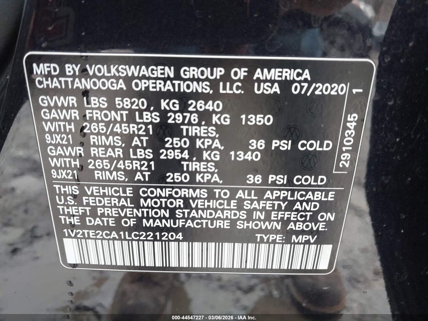 2020 Volkswagen Atlas Cross Sport 3.6L V6 Sel Premium R-Line VIN: 1V2TE2CA1LC221204 Lot: 44547227