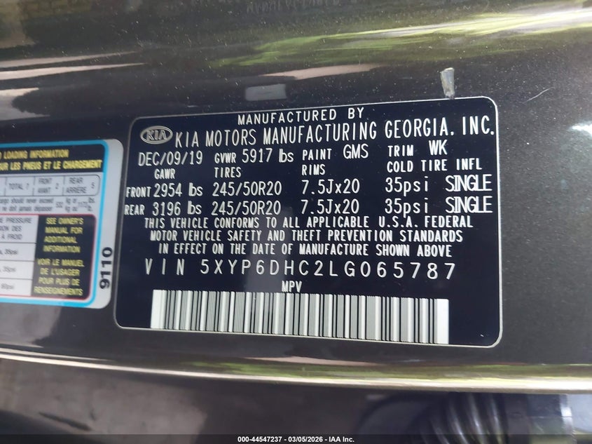 2020 Kia Telluride S VIN: 5XYP6DHC2LG065787 Lot: 44547237
