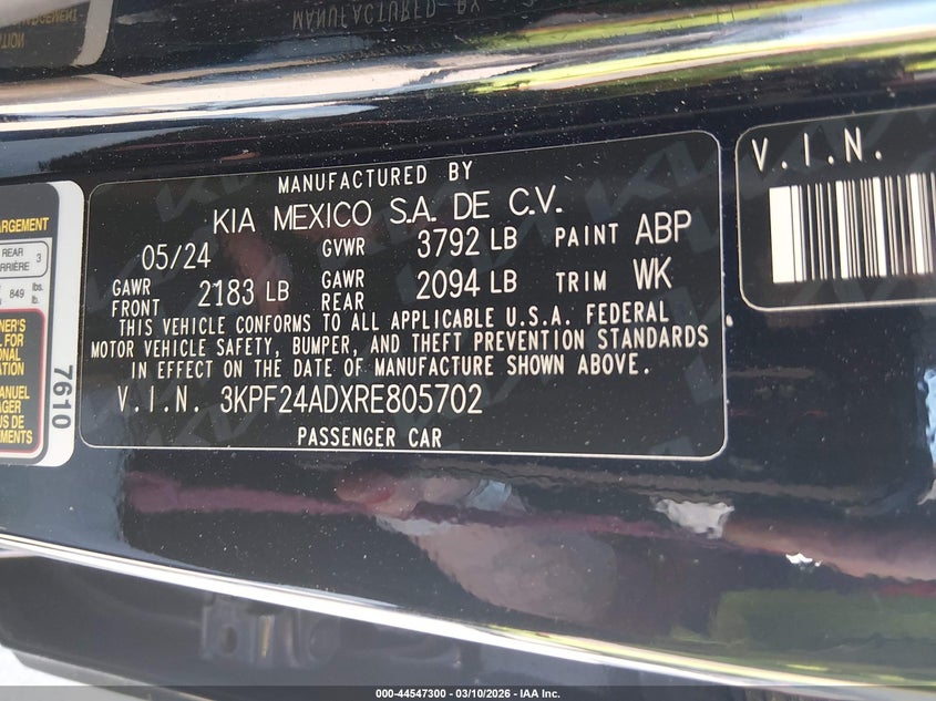 2024 Kia Forte Lxs VIN: 3KPF24ADXRE805702 Lot: 44547300