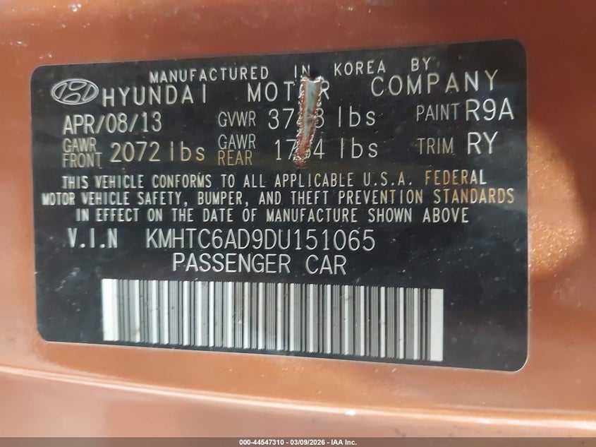 2013 Hyundai Veloster Base W/Black VIN: KMHTC6AD9DU151065 Lot: 44547310