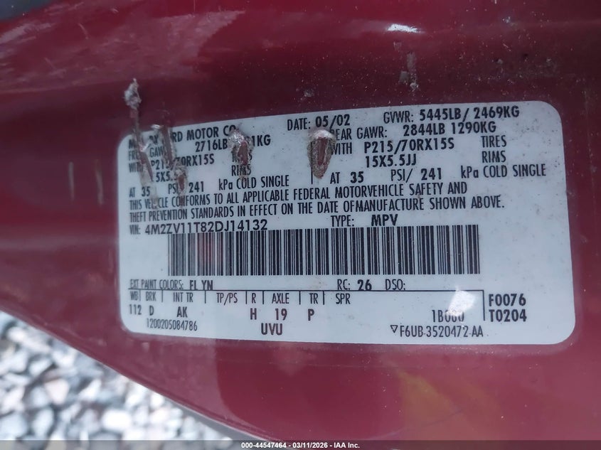 2002 Mercury Villager VIN: 4M2ZV11T82DJ14132 Lot: 44547464