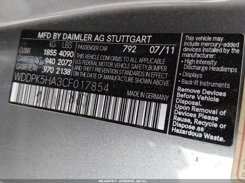 2012 Mercedes-Benz Slk 350 VIN: WDDPK5HA3CF017854 Lot: 44547517