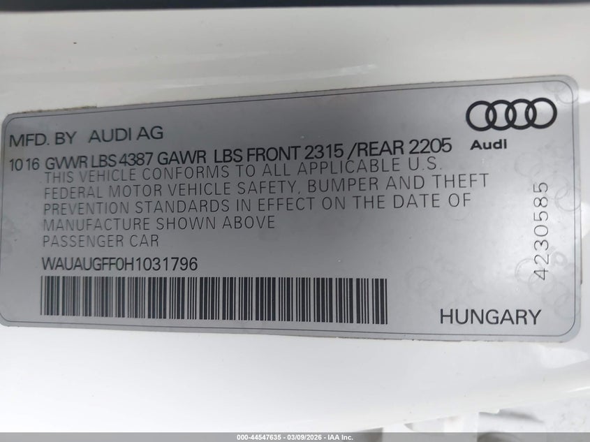 2017 Audi A3 2.0T Premium VIN: WAUAUGFF0H1031796 Lot: 44547635