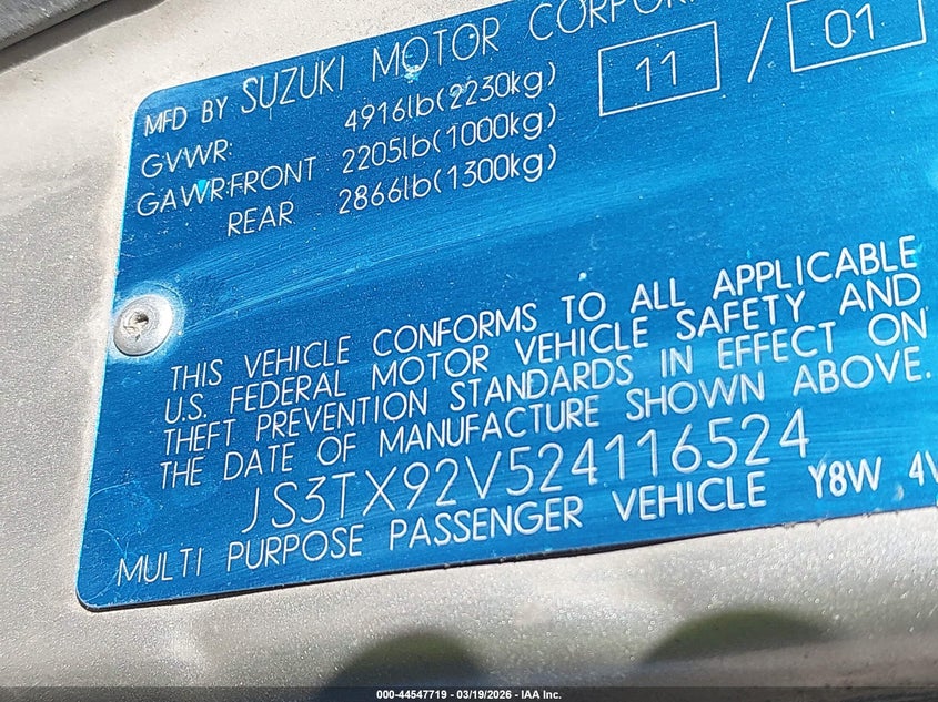 2002 Suzuki Xl-7 Limited/Plus/Standard/Touring VIN: JS3TX92V524116524 Lot: 44547719