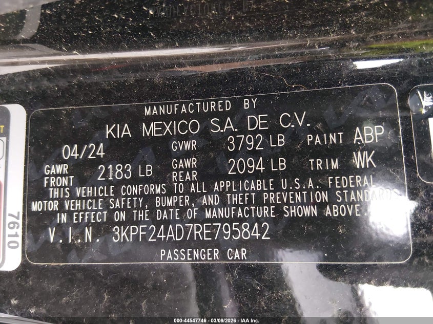 VIN 3KPF24AD7RE795842 2024 KIA FORTE LXS