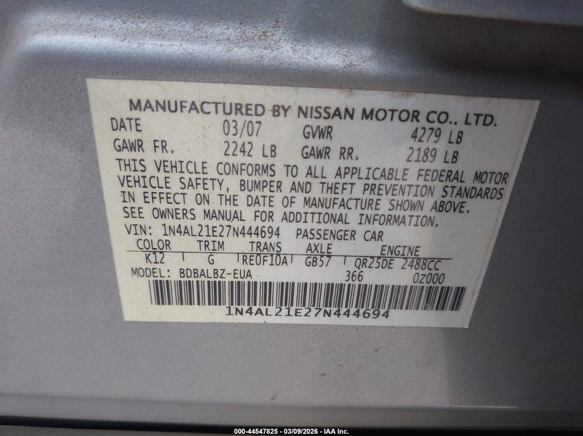 2007 NISSAN ALTIMA 2.5 S · Фото 9
