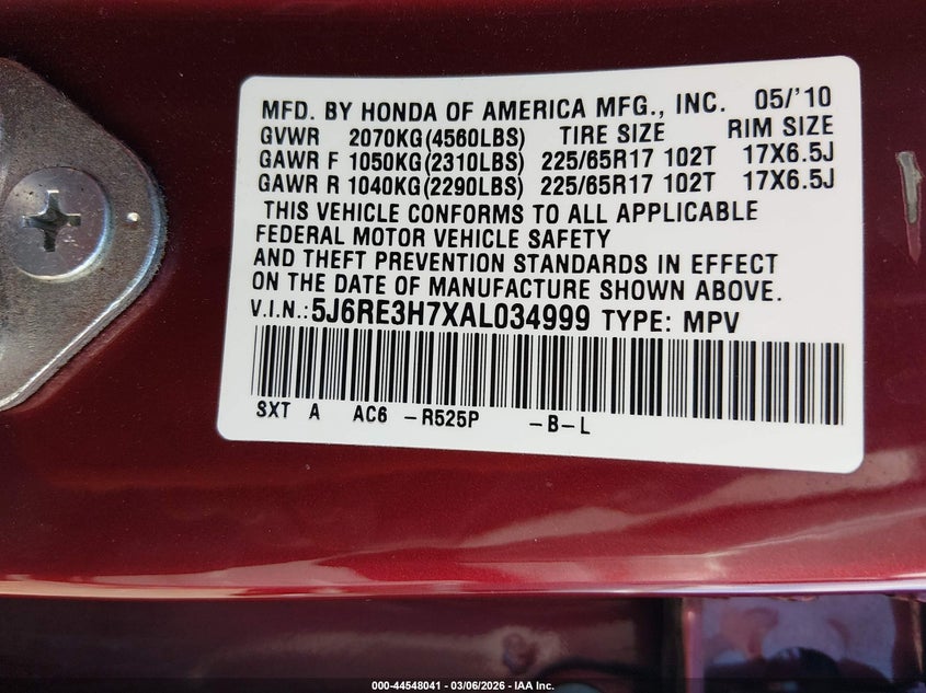 2010 Honda Cr-V Ex-L VIN: 5J6RE3H7XAL034999 Lot: 44548041