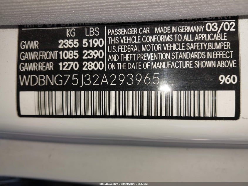 2002 Mercedes-Benz S 500 VIN: WDBNG75J32A293965 Lot: 44548327